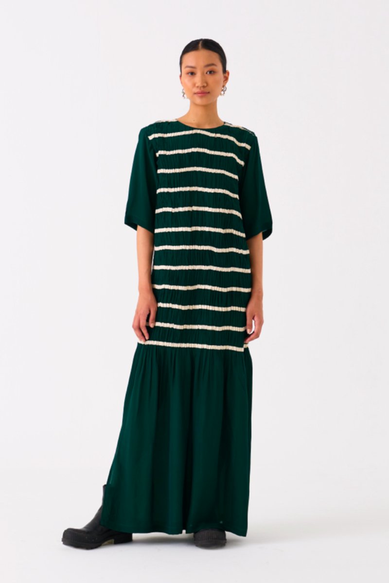 Shirring Dress Forest Green - Three