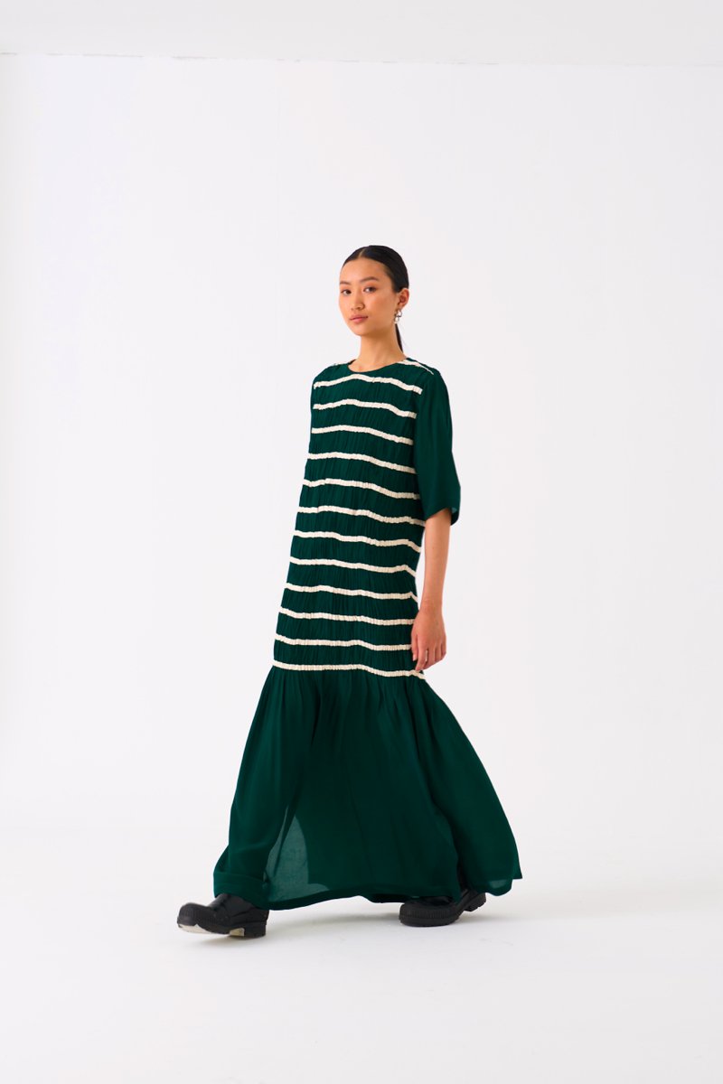 Shirring Dress Forest Green - Three