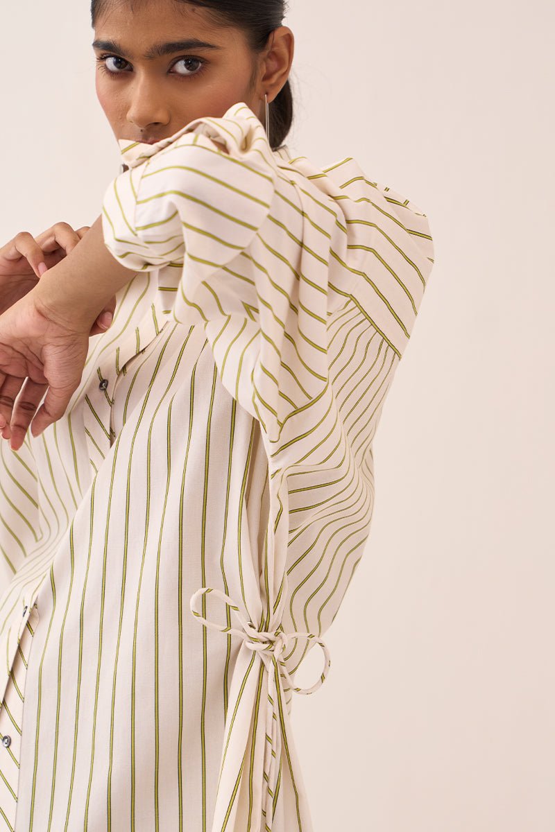 Side Drawstring Stripe Shirt Co - Ord (Slip Included) (Set Of 2) - Three Clothing