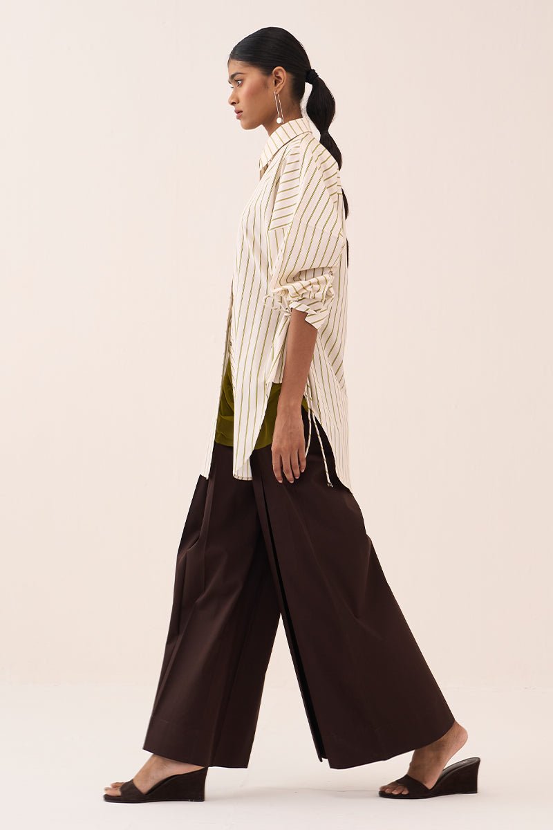 Side Drawstring Stripe Shirt Co - Ord (Slip Included) (Set Of 2) - Three Clothing