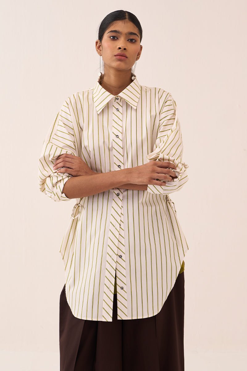 Side Drawstring Stripe Shirt Co - Ord (Slip Included) (Set Of 2) - Three Clothing