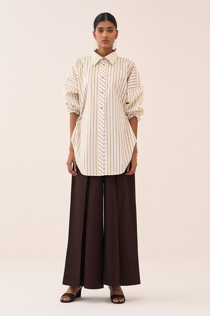 Side Drawstring Stripe Shirt Co - Ord (Slip Included) (Set Of 2) - Three Clothing