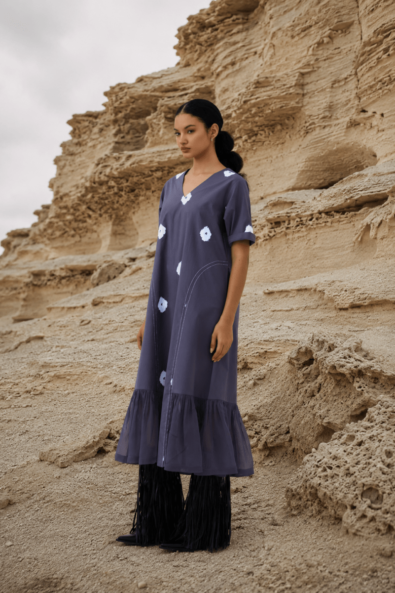 Side U-Gather Block Print Dress - Three Clothing