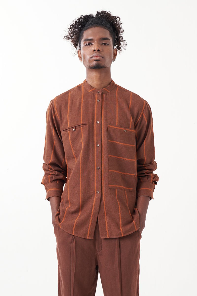 Stripe Band Collar Shirt - Three Clothing