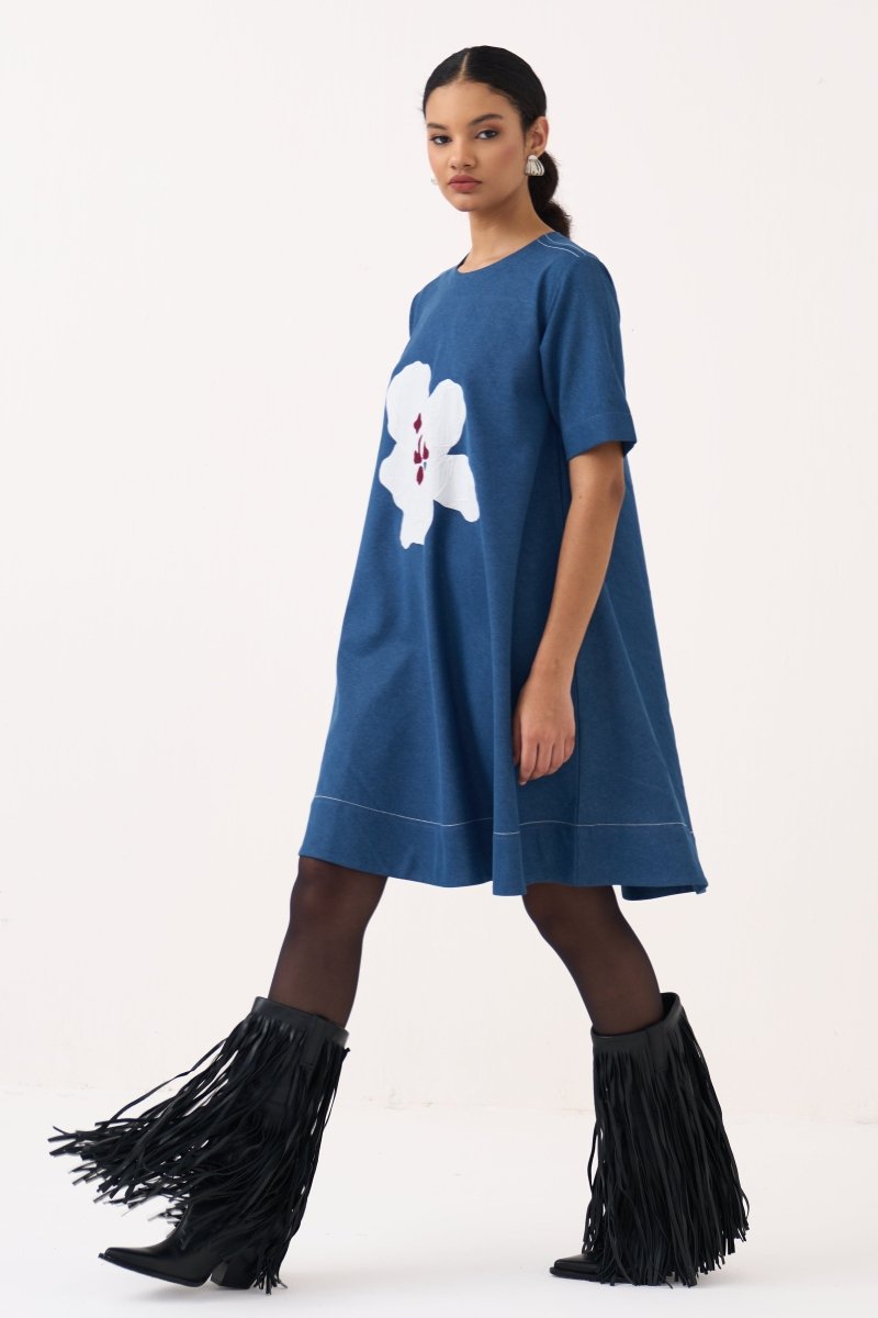 Textured Applique Denim Dress - Three Clothing