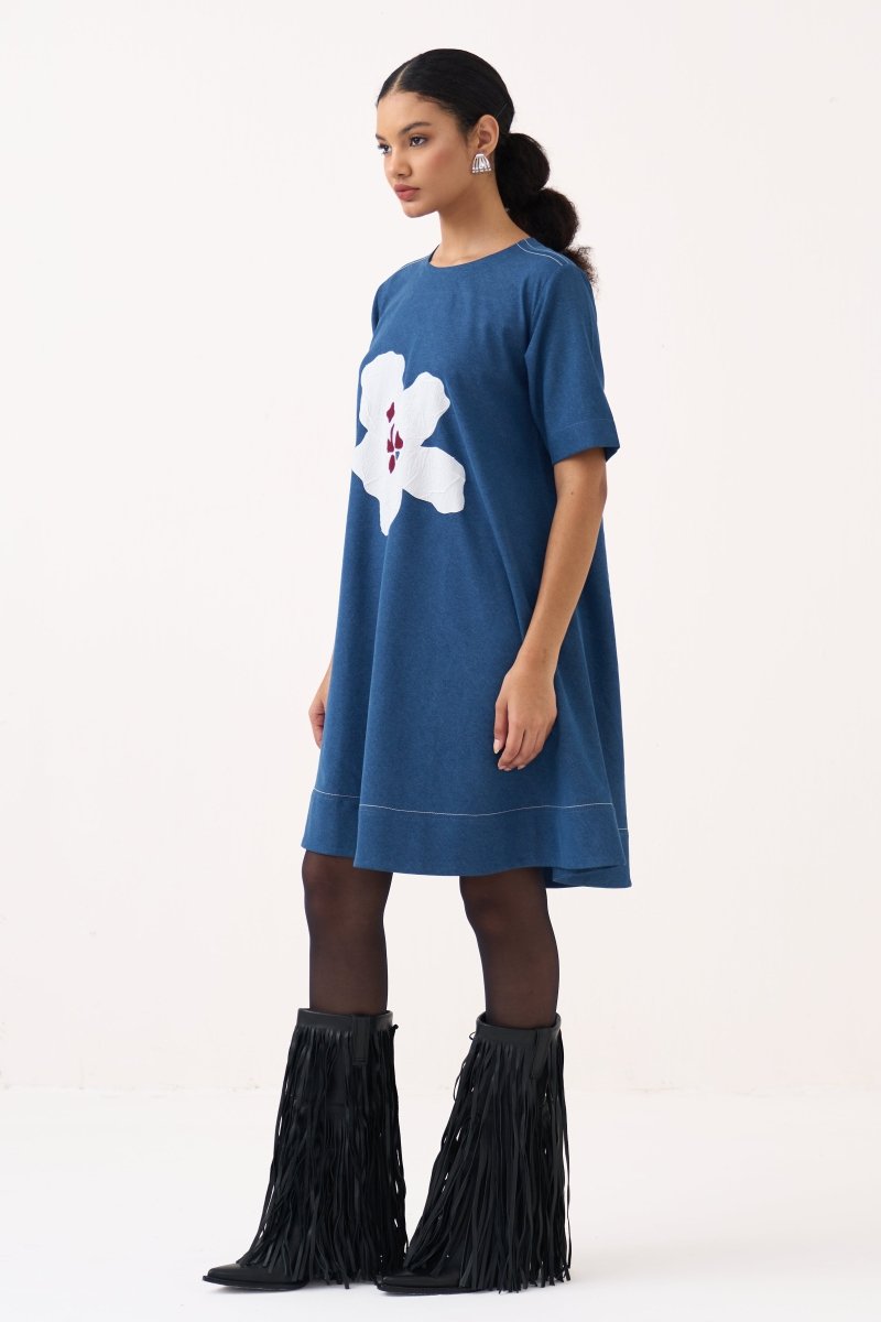 Textured Applique Denim Dress - Three Clothing