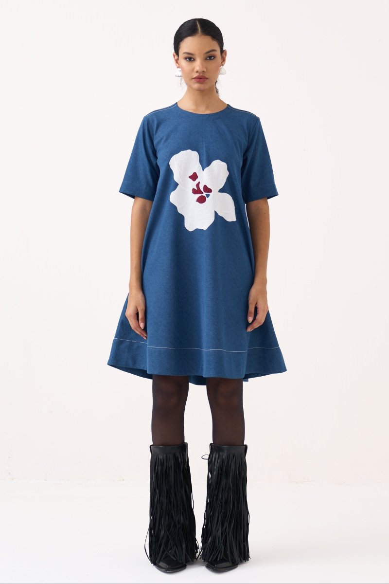 Textured Applique Denim Dress - Three Clothing