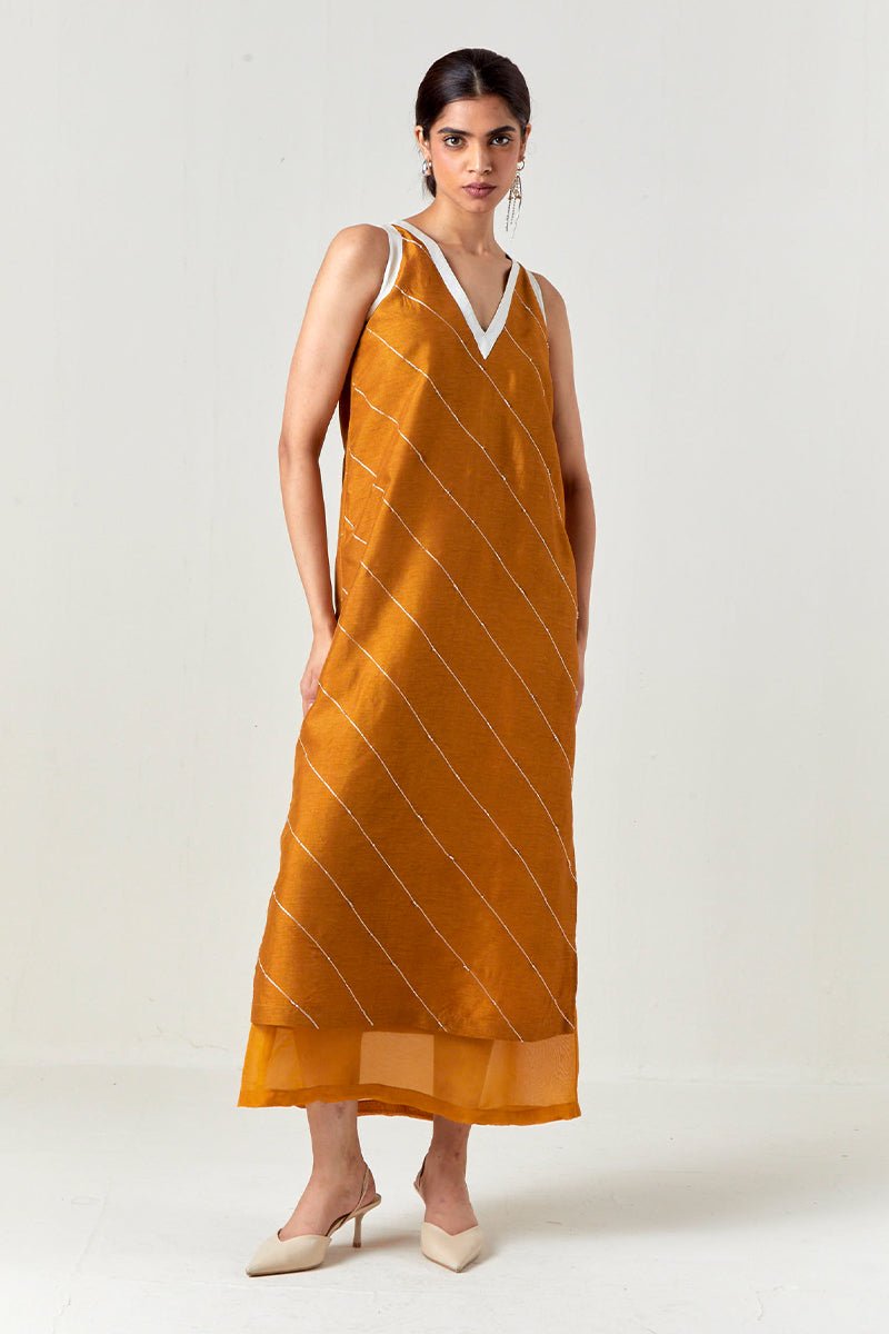 V-Neck Embellishment Detail Dress Mustard