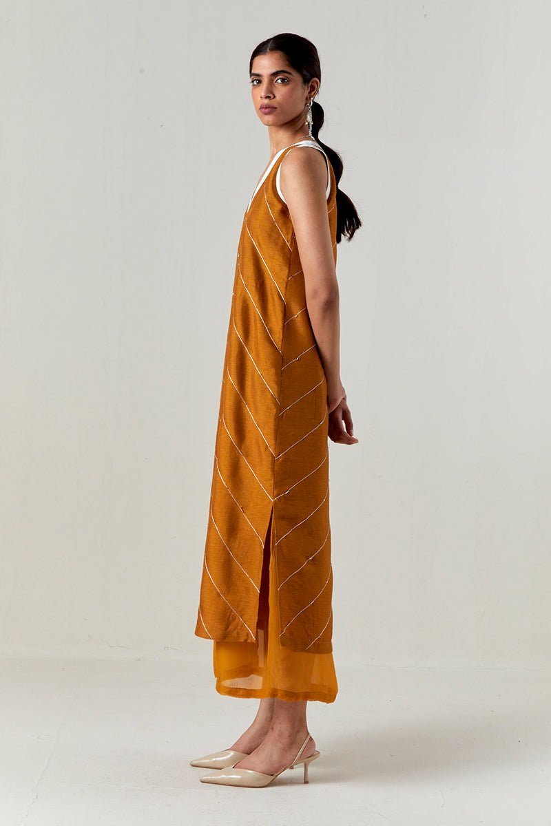 V-Neck Embellishment Detail Dress Mustard - Three Clothing
