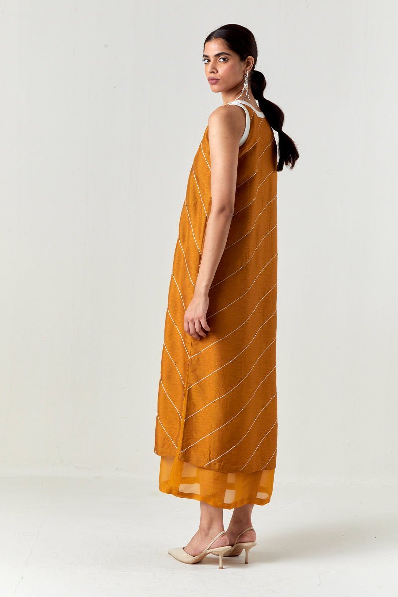 V-Neck Embellishment Detail Dress Mustard - Three Clothing