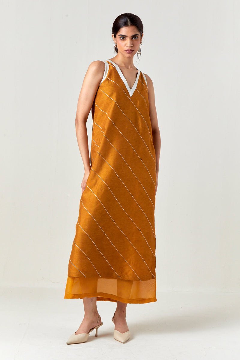 V-Neck Embellishment Detail Dress Mustard - Three Clothing