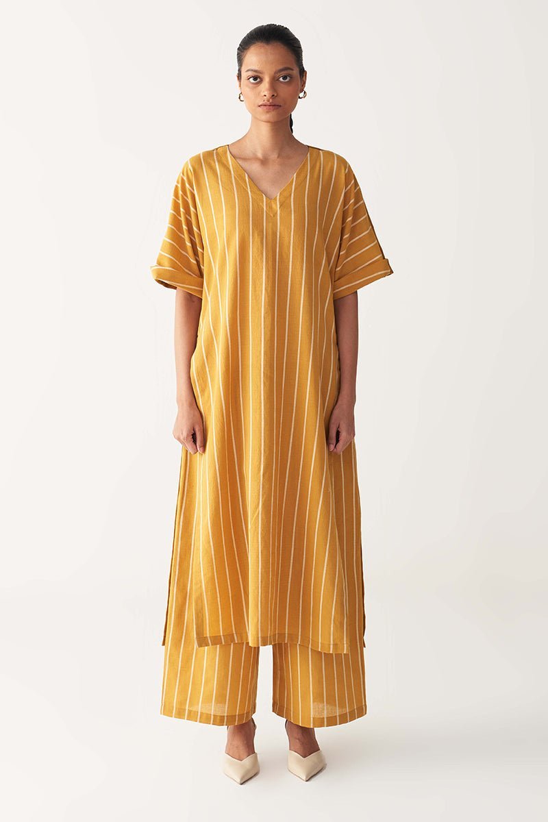 V-Neck Kaftan Co-ord Set of 2 Mustard Stripe Mul - Three Clothing
