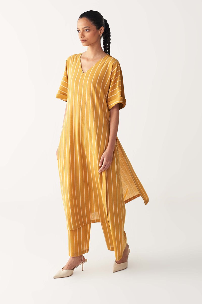 V-Neck Kaftan Co-ord Set of 2 Mustard Stripe Mul - Three Clothing