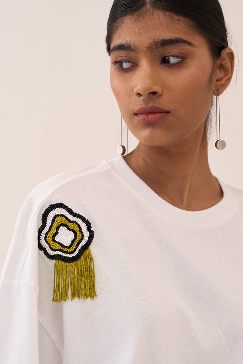 White Beaded Tshirt - Three Clothing