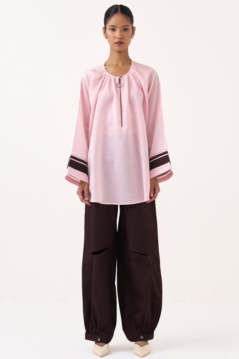 Wide Sleeve Gather Neck Top - Three Clothing
