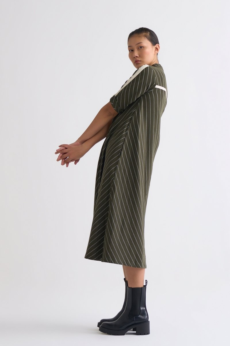 A-Line Tunic Dress - Olive Stripe - Three