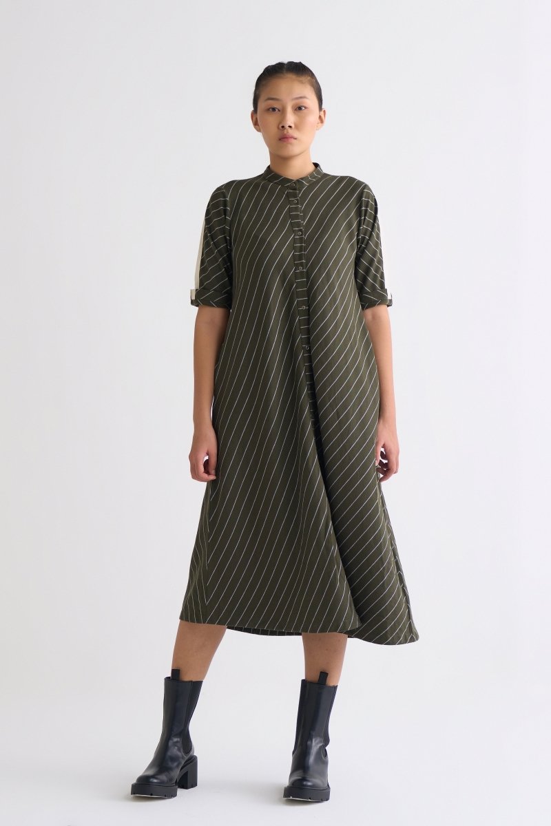 A-Line Tunic Dress - Olive Stripe - Three