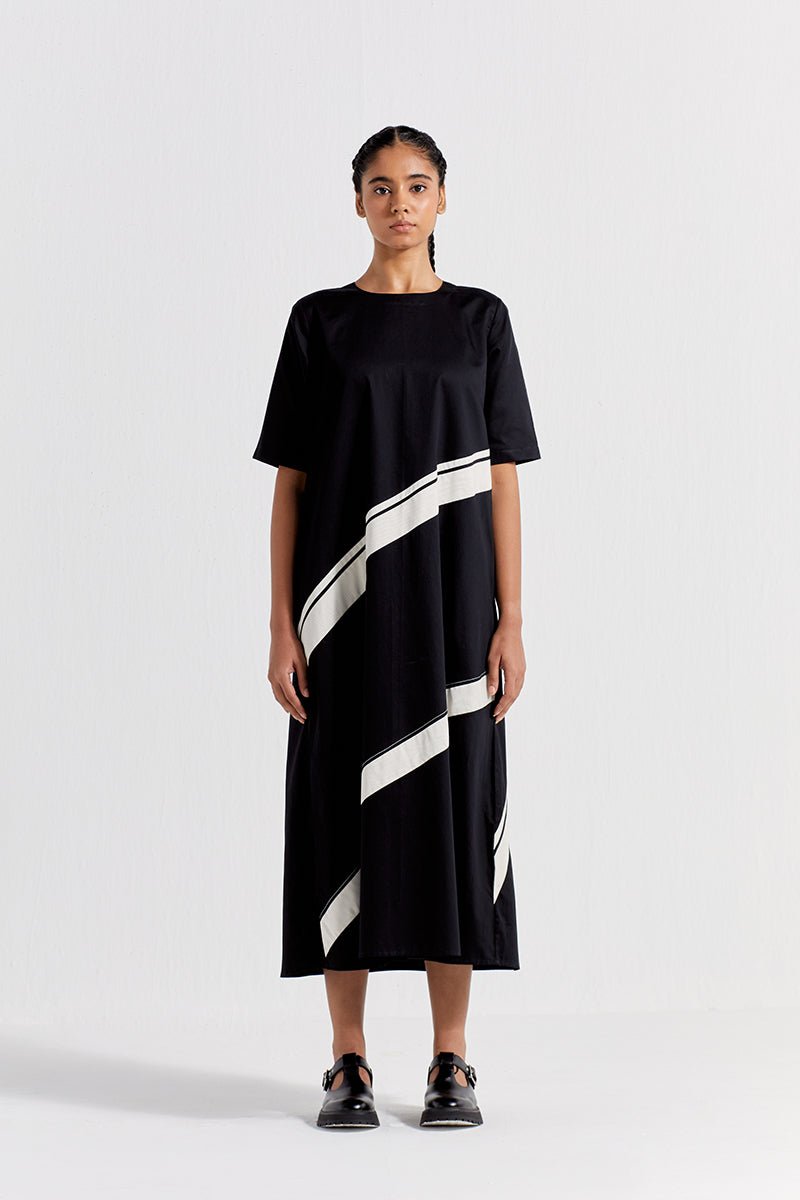 Applique Stripe Dress - Black - Three