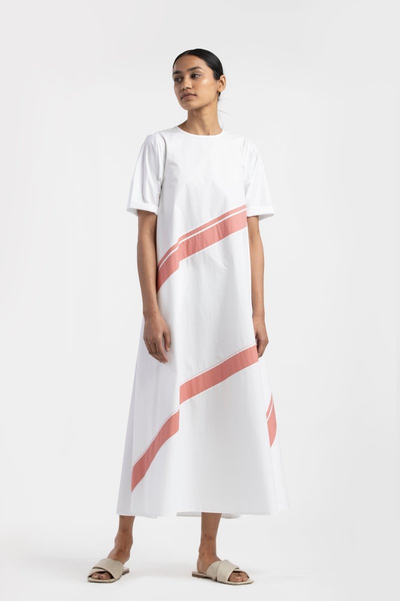 Applique Stripe Dress- White - Three