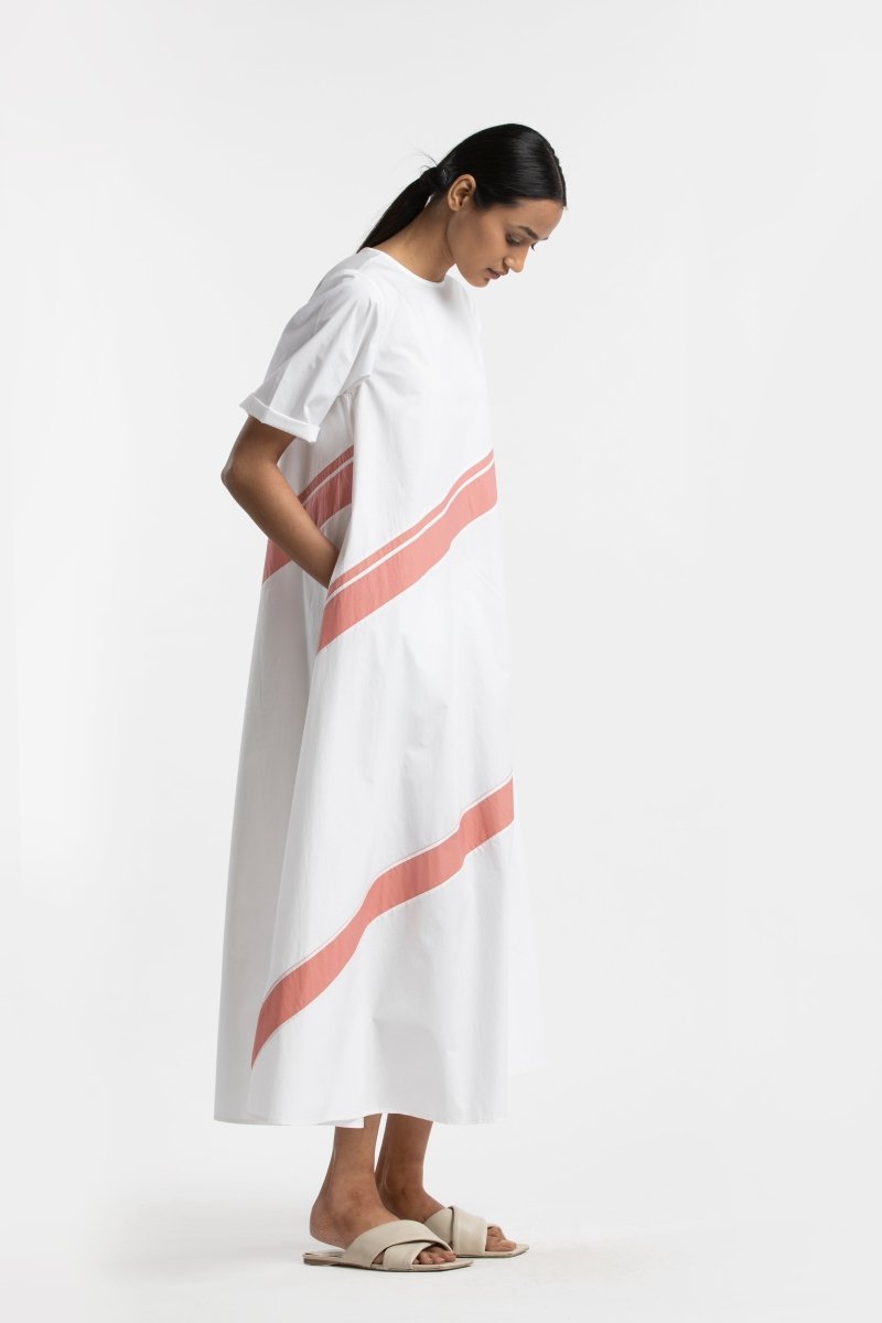 Applique Stripe Dress- White - Three