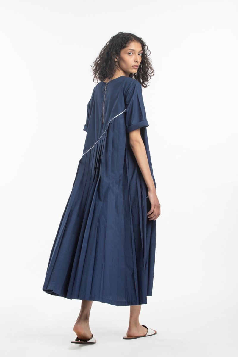 Asymmetric Pleat Dress- Navy - Three