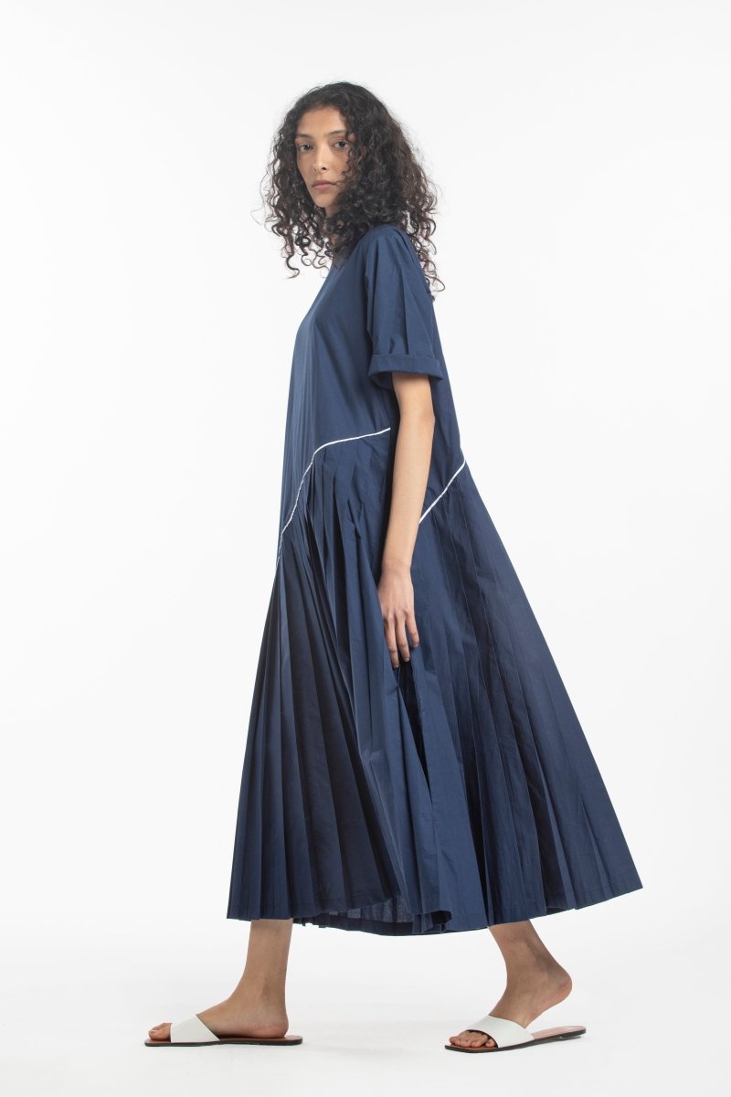 Asymmetric Pleat Dress- Navy - Three