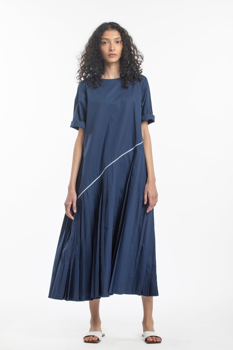 Asymmetric Pleat Dress- Navy - Three
