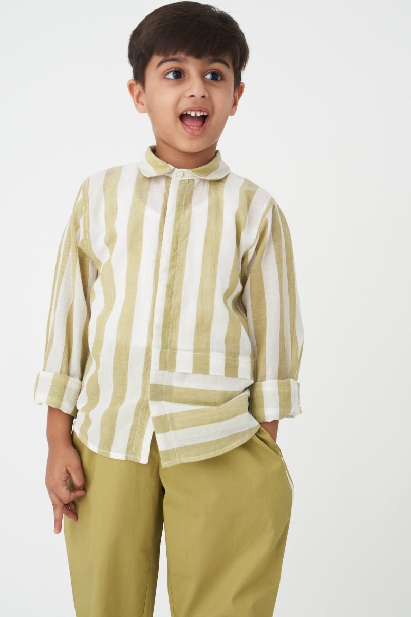 Asymmetric Stripe Shirt Co-ord - Moss Green - Three