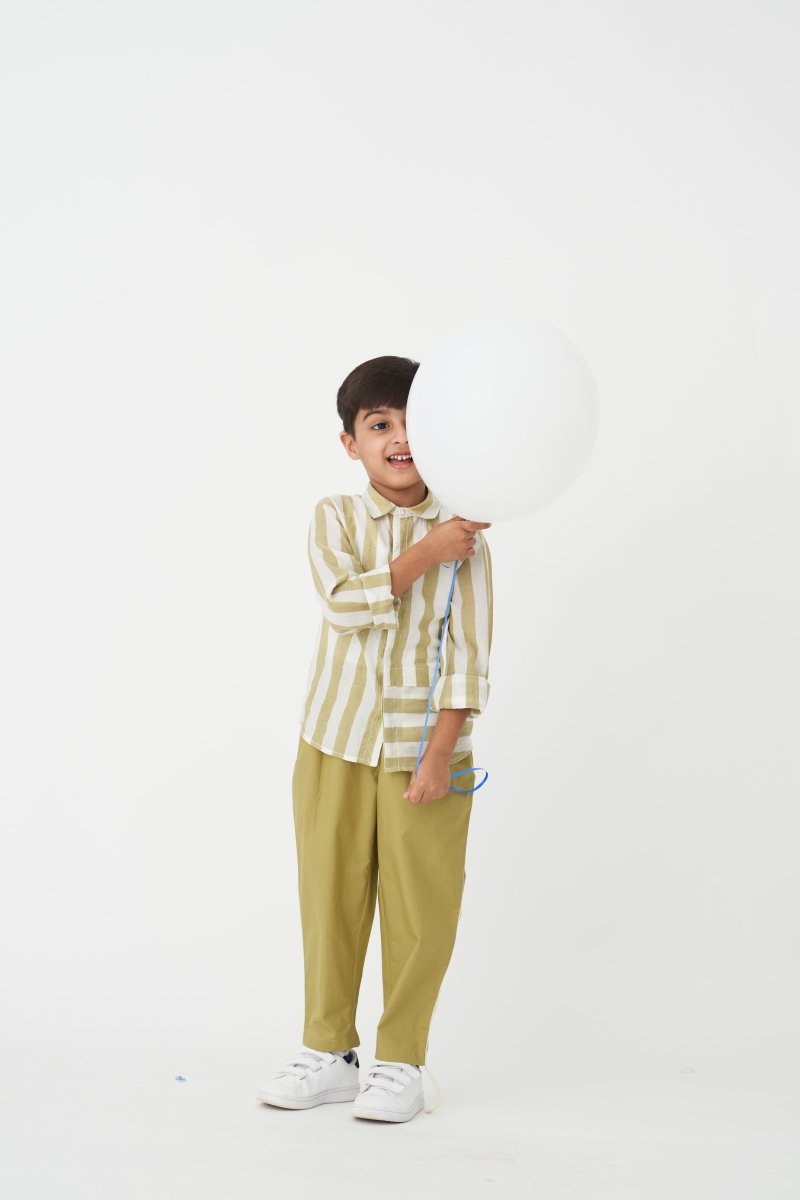 Asymmetric Stripe Shirt Co-ord - Moss Green - Three