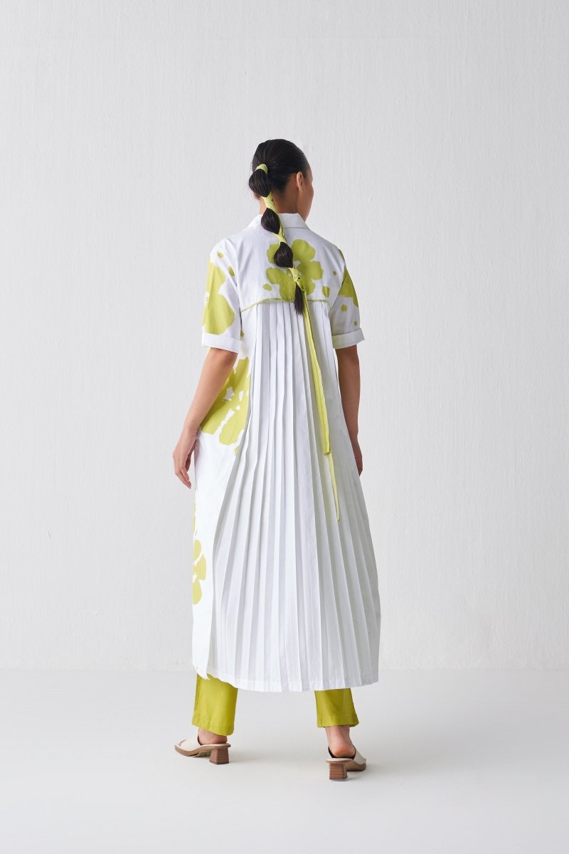 Back Pleat Floral Dress - Lime Print - Three