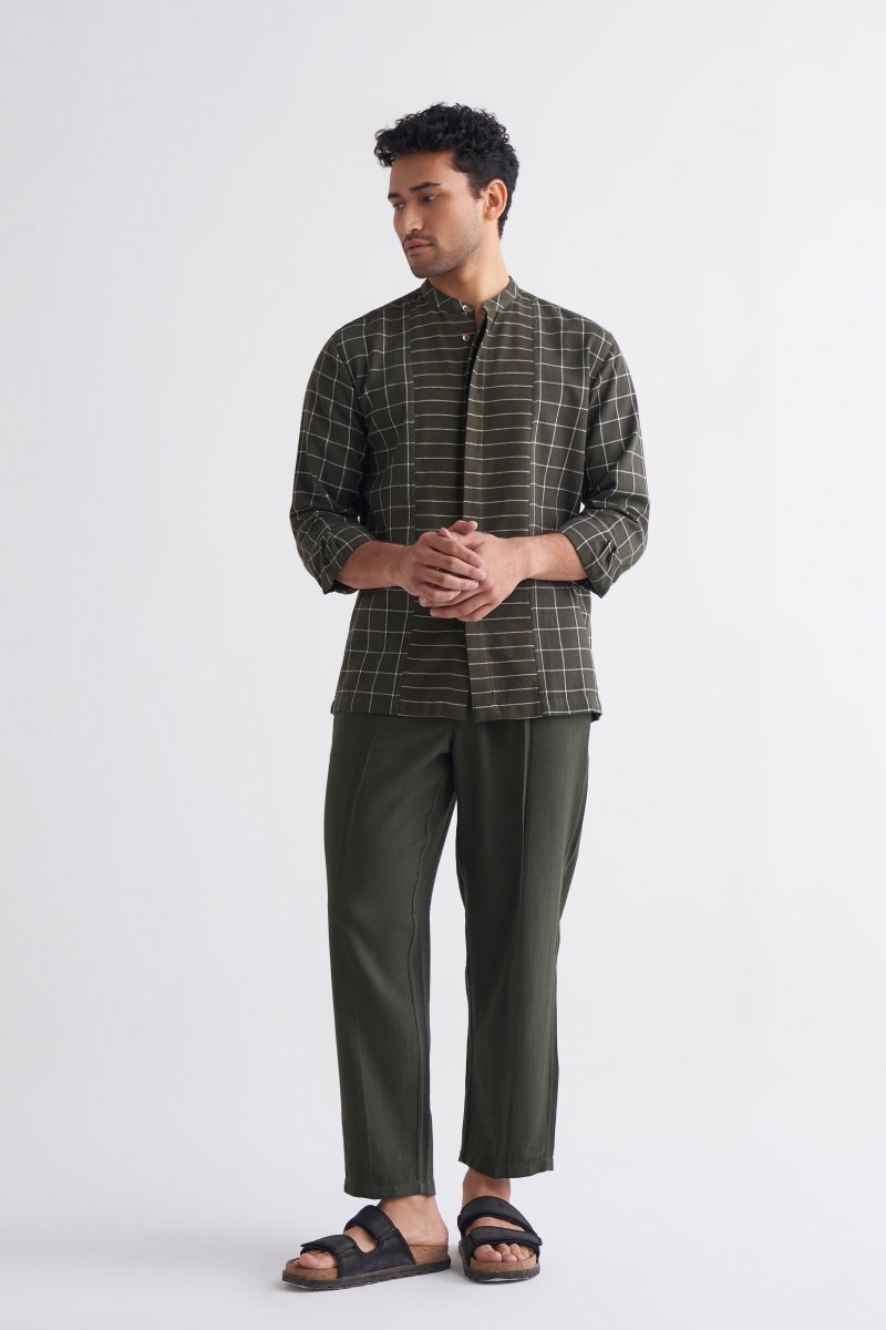 Band Collar Applique Shirt - olive stripe / check - Three