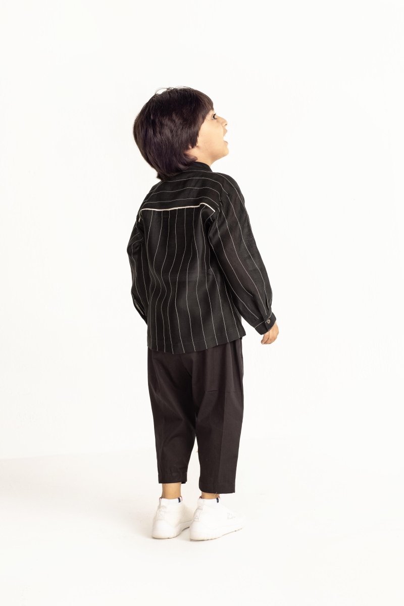 Band Collar Chanderi Shirt Co-ord- Black - Three