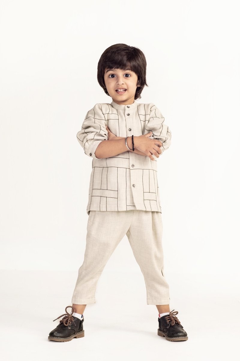 Band Collar Shirt- Beige - Three