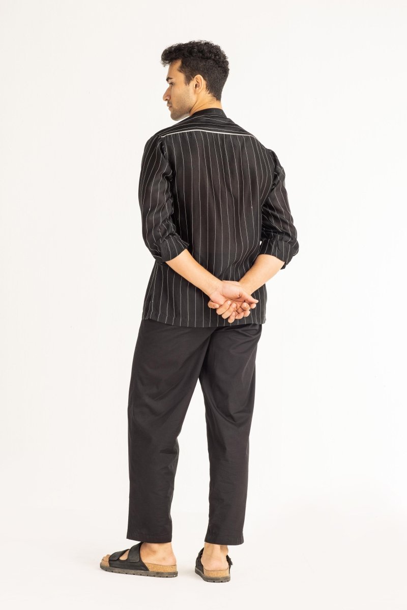 Band Collar Shirt- Black Chanderi - Three