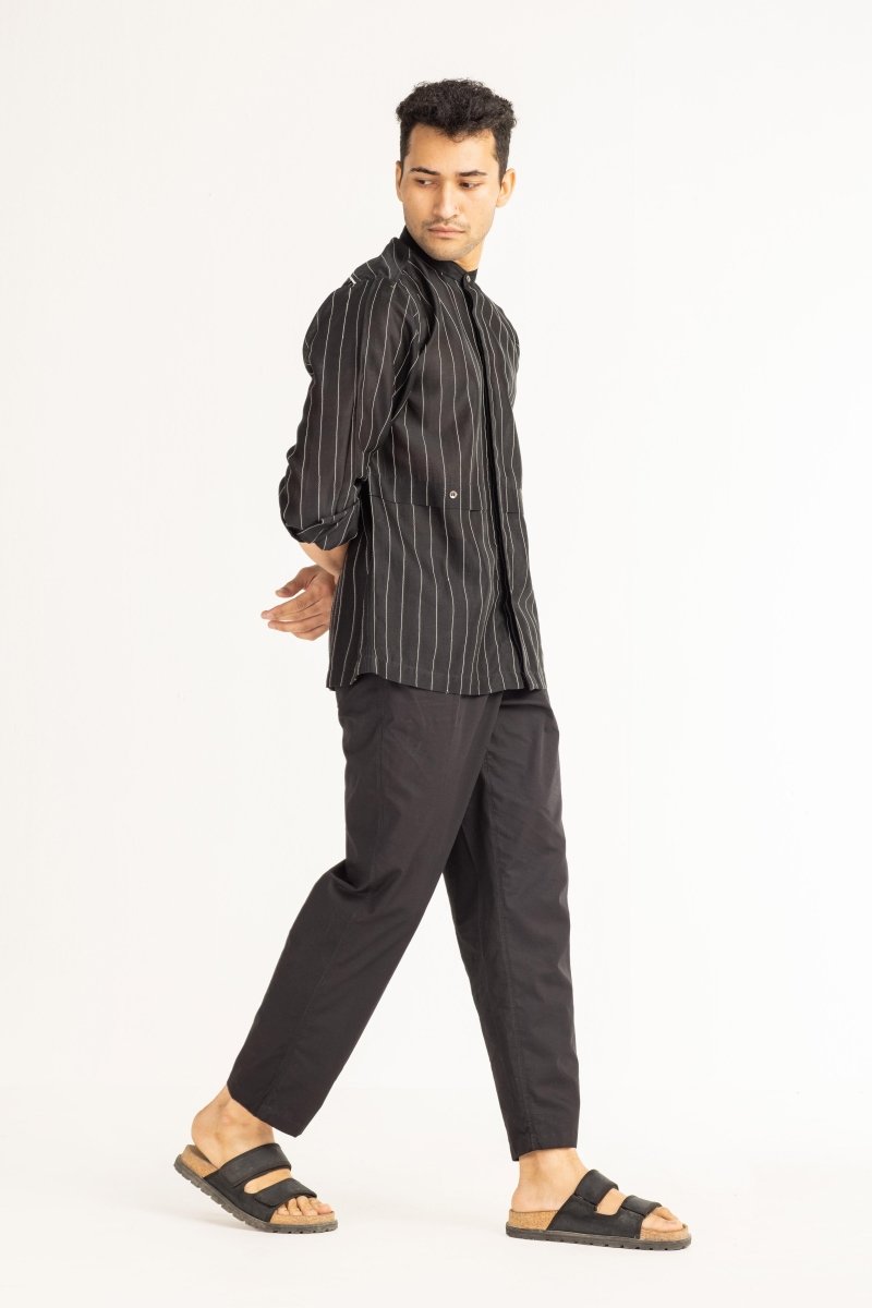 Band Collar Shirt- Black Chanderi - Three