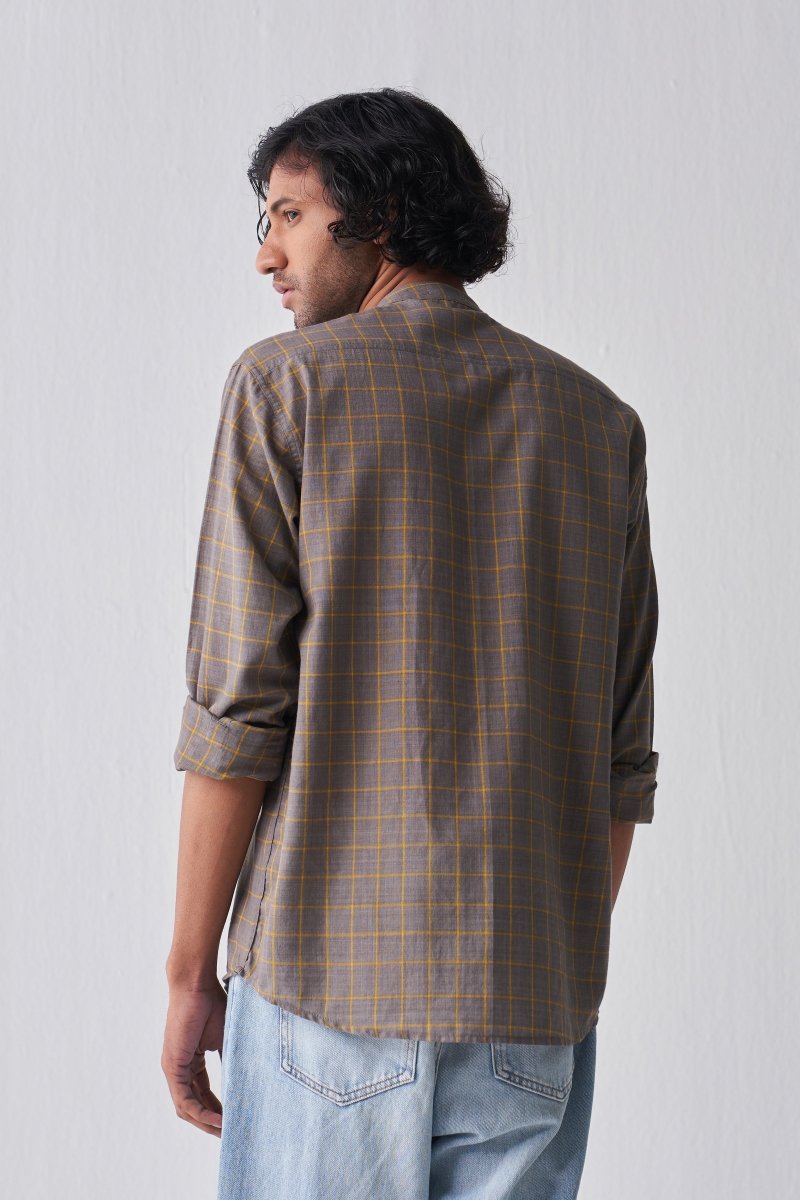 Band Collar Shirt - Charcoal Check - Three