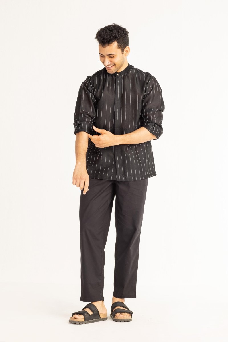 Band Collar Shirt Co-ord- Black Chanderi - Three