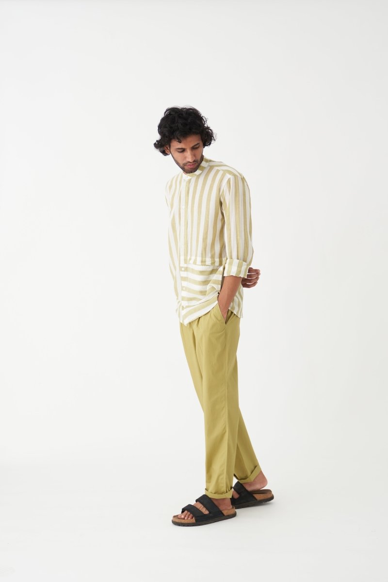 Band Collar Shirt Co-ord - Moss Green - Three
