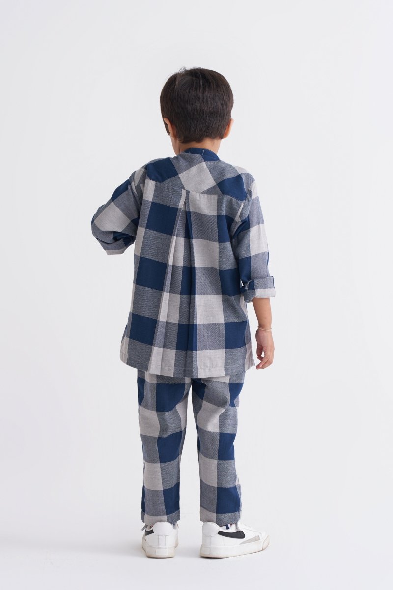 Band Collar Shirt Co-ord - Navy Check - Three