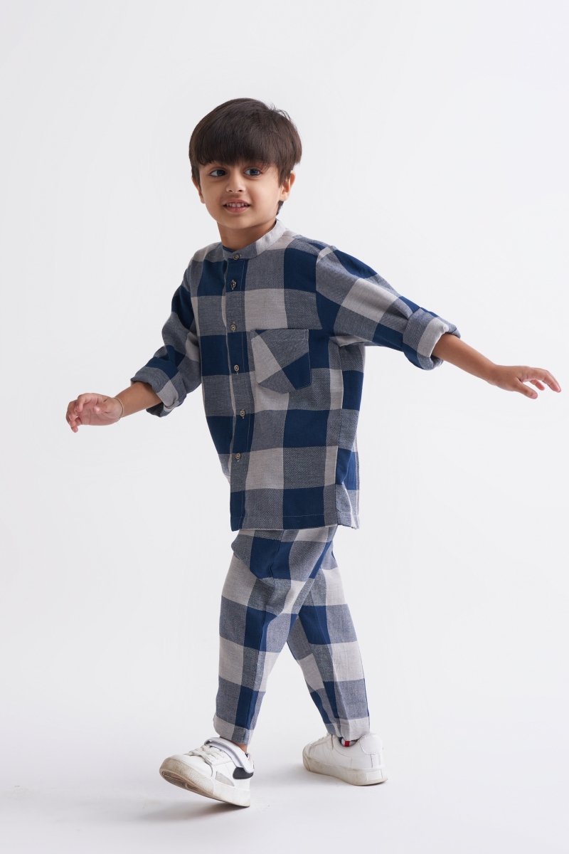 Band Collar Shirt Co-ord - Navy Check - Three