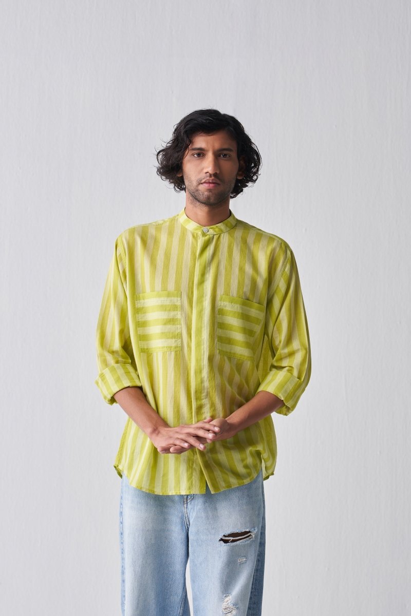 Band Collar Shirt - Lime stripe - Three