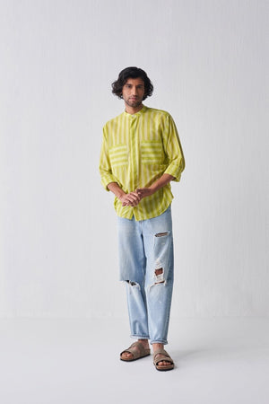 Band Collar Shirt - Lime stripe - Three