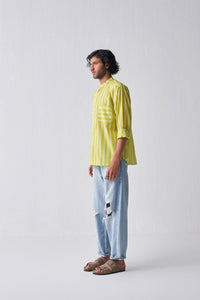 Band Collar Shirt - Lime stripe - Three