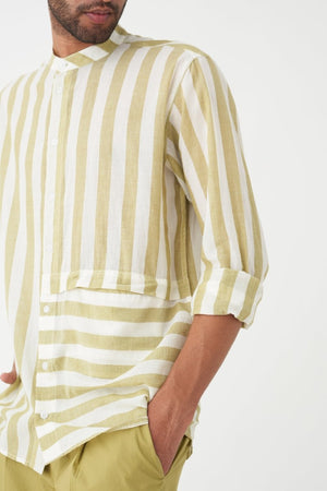 Band Collar Shirt - Moss Green Stripe - Three