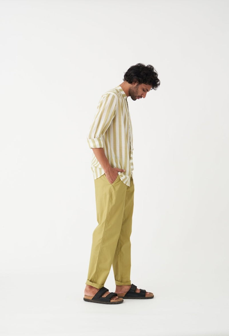 Band Collar Shirt - Moss Green Stripe - Three