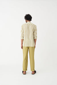Band Collar Shirt - Moss Green Stripe - Three