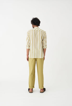 Band Collar Shirt - Moss Green Stripe - Three