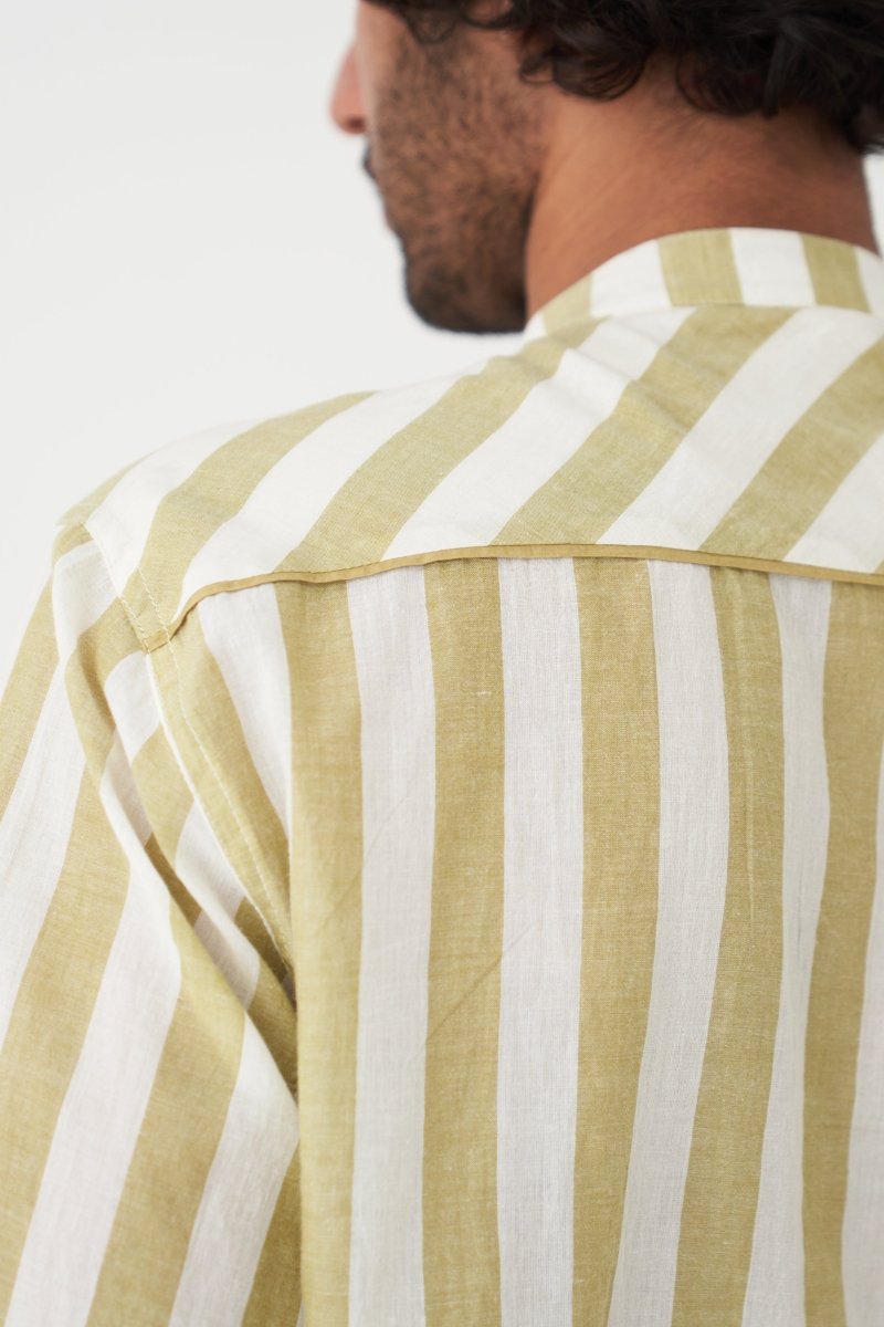 Band Collar Shirt - Moss Green Stripe - Three