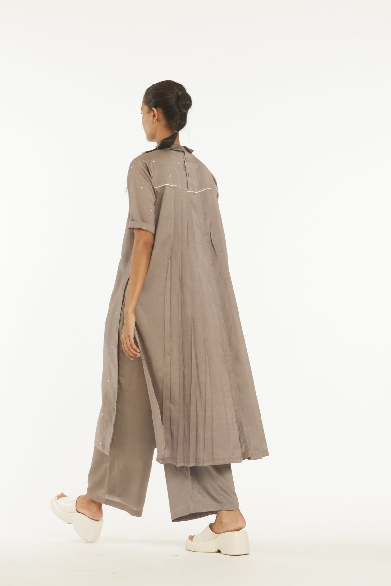 Collar Neck Back Pleat Shirt Co-ord Greige Polka - Three