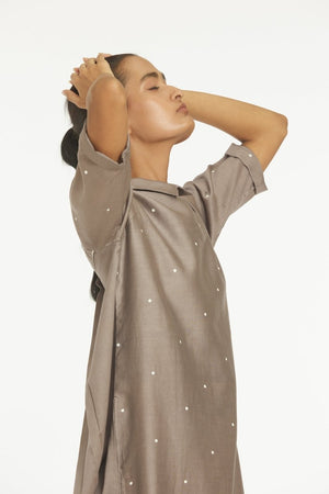 Collar Neck Back Pleat Shirt Co-ord Greige Polka - Three